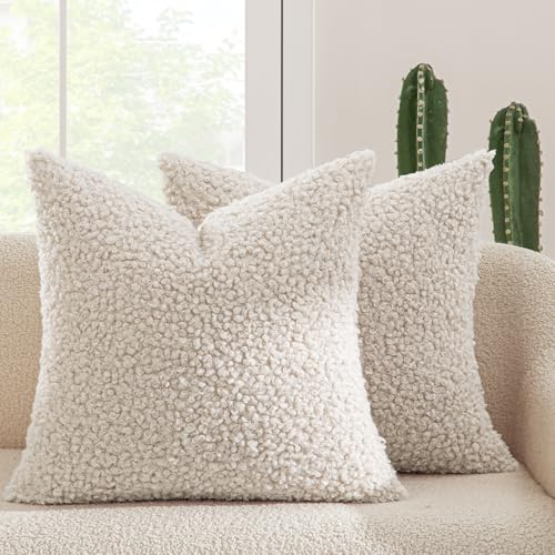 MIULEE Pack of 2 Faux Fur Throw Pillow Covers 18x18 Inch Neutral Light Beige Boucle Decorative Sherpa Pillow Covers Fuzzy Accent Soft Sheepskin Fleece for Boho Home Decor Couch Living Room Bed - color: Neutral Light Beige, size: 18" x 18" (Pack of 2)