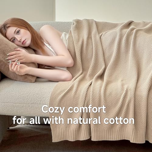 Simple&Opulence 100% Cotton Blanket Queen Size, Solid Color Cable Knitted Blanket Super Soft Comfortable Breathable Decorative Farmhouse for Couch Sofa Bed, All Season Use(Light Khaki,90x90) - color: Light Khaki, size: Queen Size 90x90"