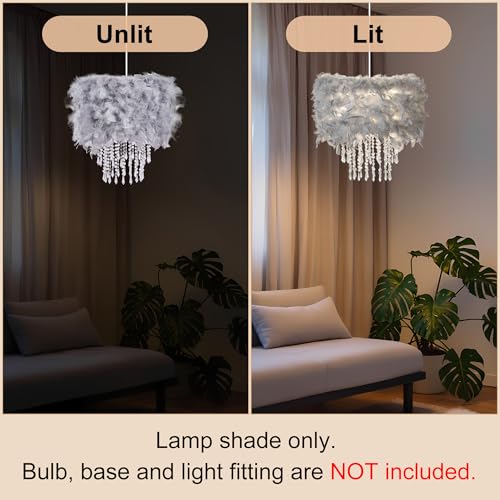 Feather Lamp Shade with Acrylic Beads Droplets, Fluffy Light Shade for Pendant, Table, Floor & Wall Lighting, Girl Bedroom Decor, ID 11.8inch, OD 15.7inch, Grey - color: Grey, size: 15.7 inches