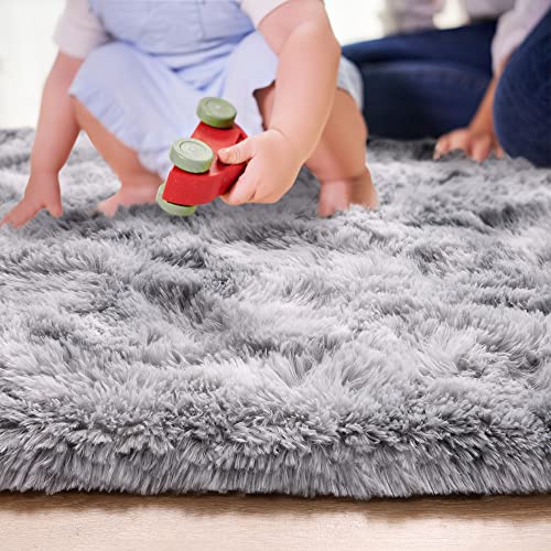 junovo Ultra Soft Washable Shaggy Rug - Non-Slip Oval Carpet for Nursery, Kids Bedroom & Home Decor (2.6x5.3ft Light Gray tie-dye) | Plush Fluffy Floor Mat for Cozy Living Spaces. - color: Tie-dye Light Grey, size: 2.6' x 5.3'