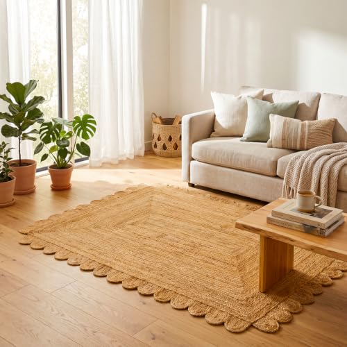 GRUHUM Scalloped Jute Area Rugs 6x9ft Rectangular Natural Fiber Handwoven Soft Braided Rustic Vintage EcoFriendly Rug- Farmhouse Indoor EcoFriendly Livingroom Bedroom Kitchen Hallways 6'x9' Ft - color: Natural-55, size: 6' x 9' (Rectangular)