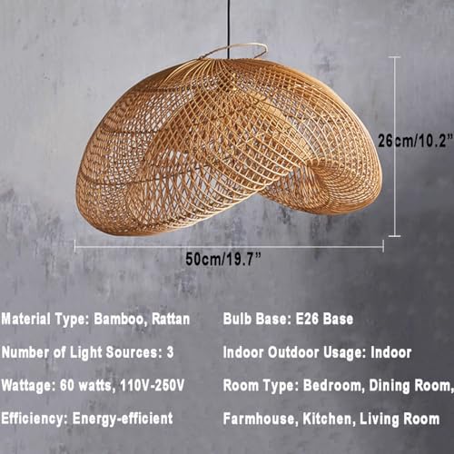 Organic Modern Bamboo Chandelier 19.7" Handmade Woven Wicker Pendant Light, Farmhouse Boho Rattan Light Fixture for Dining Room, Kitchen, Cafe, Bedroom Living Room - color: Bamboo, 19.7", 1-Light