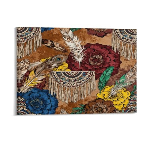 Boho Feather Fringe Art Wall Art Decor Framed 16x12 Inch, Wall Decor Poster for Bedroom Living Room Office Decor (Wooden Inner Frame) - size: 16"L x 12"W
