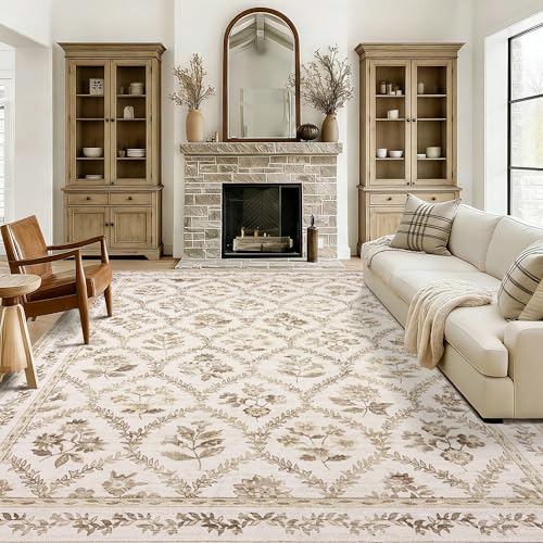 Area Rug Tan 6x9 Boho Floral Washable Area Rug Non Slip Carpet Floor Indoor for Living Room, Machine Washable Floor Covering for Geust Bedroom, Brown Counrty Floral for Dining Room - color: Tan Brown, size: 6' x 9' (Rectangular)
