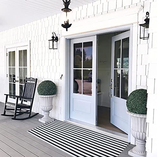 Black and White Outdoor Rug 2' x 4.3' Striped Front Porch Rug Hand-Woven Cotton Rug Machine Washable Floor Mat Indoor/Outdoor Area Rug for Layered Door Mats/Farmhouse/Living Room (2' x 4.3') - color: Black&white Stripe Bb, size: 2' x 4'4" (Rectangular)