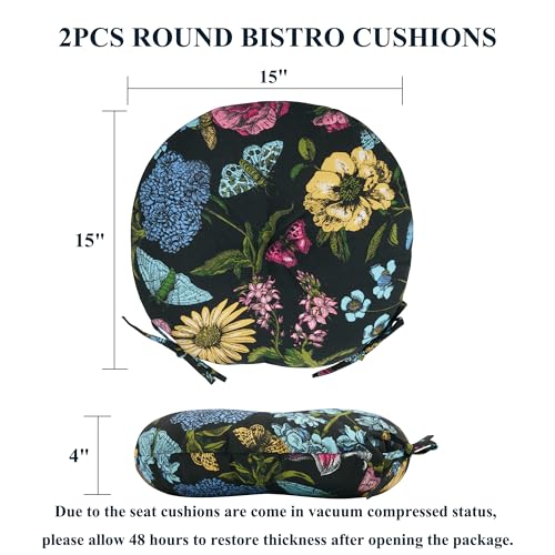 FUNHOME 15"x15"x4" Bistro Chair Cushion Set of 2, Water Repellent Round Outdoor Chair Cushions with Ties, Patio Tufted Chair Pads for Home Garden (Black Flower Butterfly) - color: Black Flower Butterfly