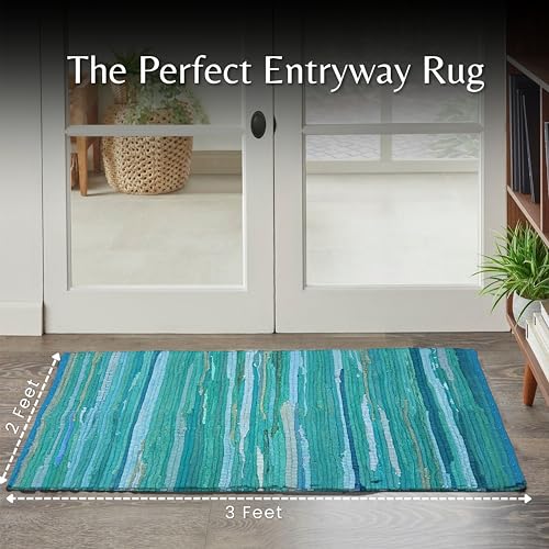 Cotton Hand Woven Chindi Rug 2x3 Feet - Teal, Reversible Accent Front Door Mat Ideal for Kitchen, Entryway, Laundry Room | Green Durable Farmhouse Indoor Outdoor Floor Rag Rugs Ideal for Kids Space - color: Teal, size: 2 x 3 feet