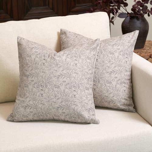 Amor Virisso Floral Throw Pillow Covers 18x18 Set of 2 Vintage Block Print Pillow Covers Decorative Pillow Covers Couch Pillows for Living Room Farmhouse Accent Sofa Pillows, Black/Sand - color: Black/Sand, size: 18" x 18" (Pack of 2)