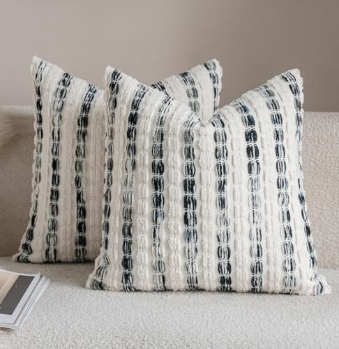Caflife Boho Throw Pillow Covers 22x22 Inch Set of 2, Farmhouse Black Striped Textured Chenille Decorative Couch Pillow Cases, Rustic Accent Cushion Covers for Sofa Bed Living Room Bedroom - color: Black, size: 22" x 22" (Pack of 2)