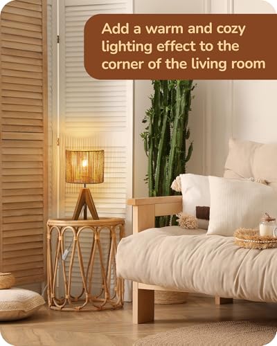 EDISHINE Small Rattan Table Lamp, Wood Tripod Bedside Lamp, Boho Nightstand Lamp for Living Room, End Table, Office, E26 Base, Natural Style - style: Vertical Stripes
