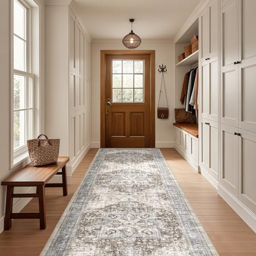 Tortania Area Rug 2x6 Runner Rugs - Washable Vintage Oriental Farmhouse Thin Indoor Carpet for Living Room Bedroom Hallway Entryway Kitchen Under Dining Table Home Office - Brown Blue - color: Brown Blue, size: 2' x 6' (Runner)