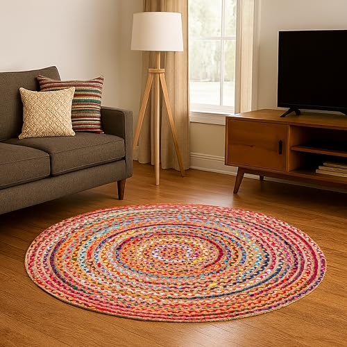 Hausattire Bohemian Braided Rug 4' Round - Multi Color, Circle Farmhouse Jute Cotton Area Rag Rug for Kitchen, Kids Bedroom, Playroom | Colorful Hand Woven Reversible Pet Friendly Carpet - color: Multi Color, size: 4' (Round)