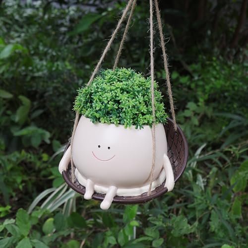 bestbear Hanging Swing Chair Planter Pot Resin Smiley Face Planter for Indoor Outdoor Plant Cute Head Flower Pots for String of Pearls Plant Live Unique IdeaI for Mother Day, Christmas (Large) - size: Large