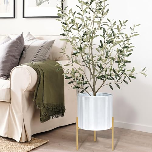 ARNIS Modern Plant Pots, Set of 2 Round Large Planters with Stand, Large Size Metal Pots with Drainage Holes for Living Room, Office, Garden or Balcony, 10.5 &12.25 Inch, White & Gold - color: White, size: 10.5 &12.25