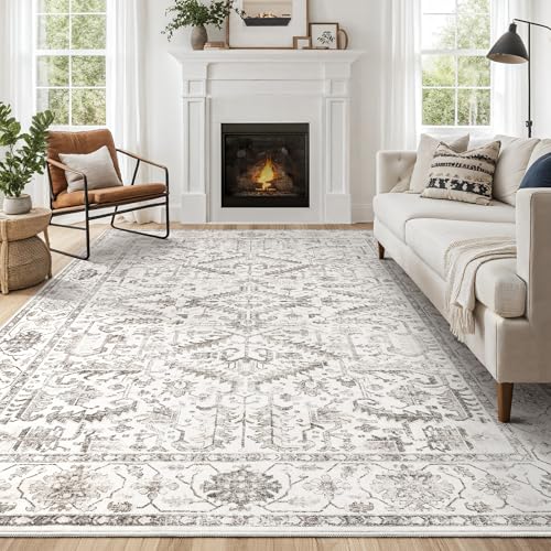 6x9 Area Rugs for Living Room - Washable Soft Large Vintage Rug Non-Slip Stain Resistant Traditional Stain Resistant Indoor Floor Low Pile Carpet for Bedroom Dining Room or Home Office - White - color: White, size: 6' x 9' (Rectangular)
