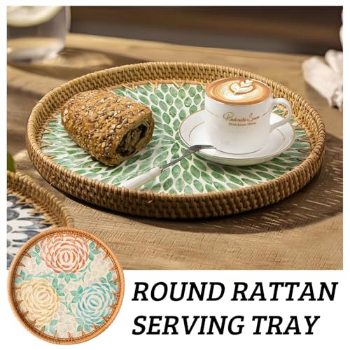 Round Rattan Tray with Mother of Pearl Inlay, Decorative Wicker Serving Tray with Wooden Base, Woven Basket Trays for Bread Fruits Coffee, Peony - color: Peony