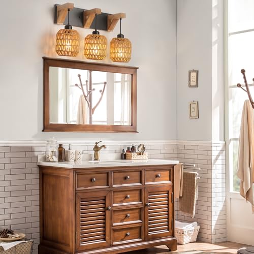 3-Light Bathroom Vanity Light Fixtures, Rustic Style Rattan Bathroom Wall Sconce with Handmade Bamboo Woven Boho Wicker Lampshade, Farmhouse Wooden Bracket, Suit for Stairway Bedroom and Hallway - color: 3-Light