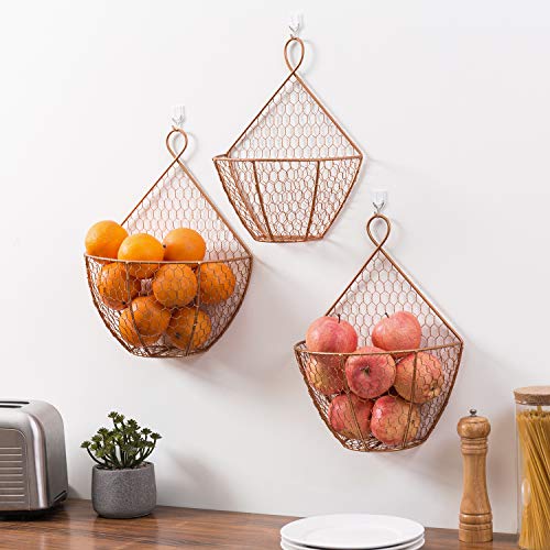 MyGift Set of 3, Farmhouse Copper Metal Wire Mesh Wall Hanging Baskets, Wall-Mounted Storage Basket, Decorative Kitchen Fruit Wall Basket Produce Holder