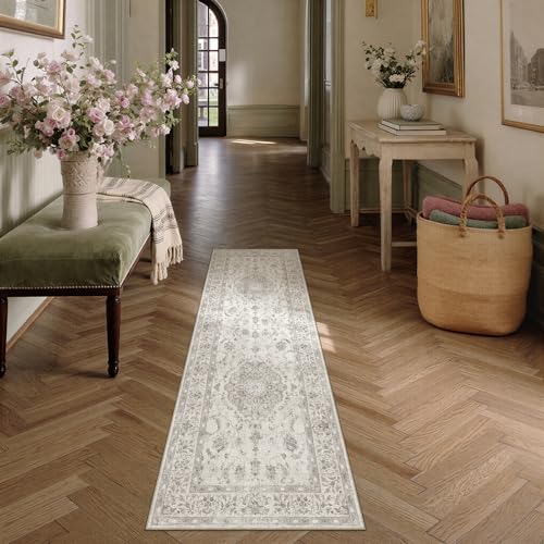 PureCozy 2x6 Runner Rug Gray Washable Vintage Hallway Kitchen Carpet Small Long Non Slip Soft Low Pile Thin Bedroom Retro Accent Throw Rug Laundry Dining Living Room Bathroom - color: Retro Gray, size: 2' x 6' (Runner)