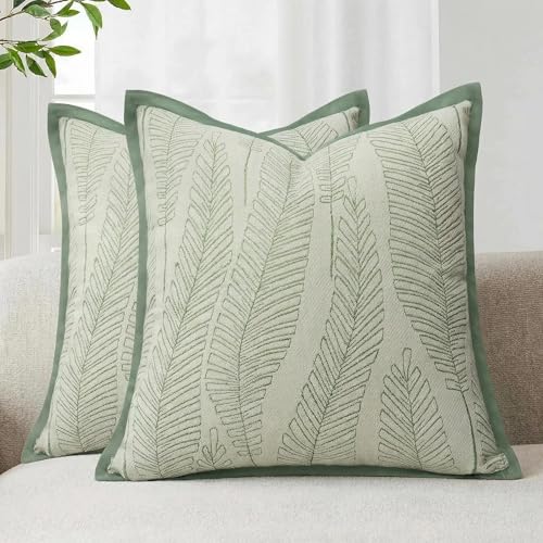 Floral Spring Throw Pillow Covers 20x20 Set of 2 Chenille Velvet Decorative Pillows for Bed Couch Living Room William Morris Farmhouse Cushion Covers Sage Green and White - color: Leaf Green, size: 20" x 20" (Pack of 2)
