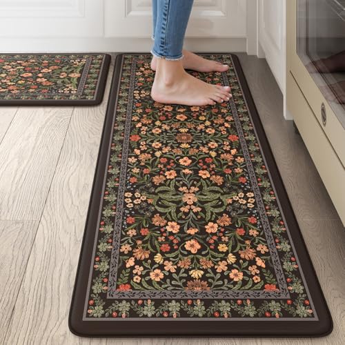 Collive Anti Fatigue Mat for Kitchen Floor, Waterproof Cushioned Sink Mats Non Slip Floral Kitchen Rugs Set of 2, Black Comfort Modern Standing Rug for Office, Laundry, Desk, 17"x30"+17"x47" - color: Black, size: 17.3"x47"+17.3"x29"