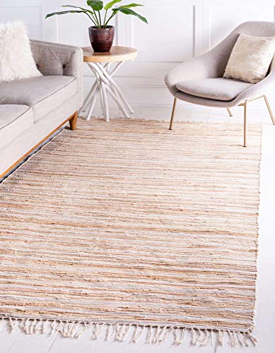 Unique Loom Chindi Cotton Collection Soft Hand Woven Natural Fiber Striped Area Rug, 4 ft x 6 ft, Beige/Ivory - color: Beige/Ivory, size: 4' x 6' (Rectangular)