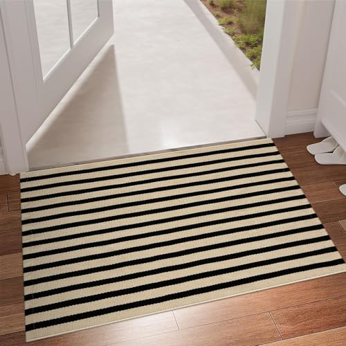 LEEVAN Outdoor Door Mat 2'x3' Washable Welcome Mat Woven Black and White Entryway Rug Farmhouse Front Porch Decor Outside Entrance Striped Outdoor Floor Mats - color: Black and Tan, size: 2' x 3' (Rectangular)