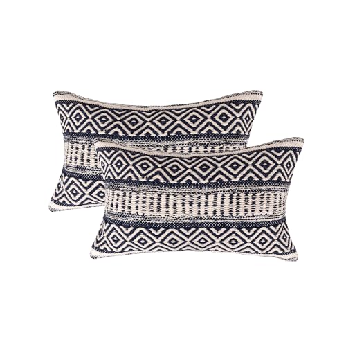 · REDEARTH · Boho Textured Throw Pillow Cushion Covers - Lumbar Woven Tufted Decorative Farmhouse Cases Set for Couch, Sofa, Bed, Chair, Dining, Covered Patio; 100% Cotton (12"x20", Indigo) Pack of 2 - color: Indigo, size: 12" x 20" (Pack of 2)