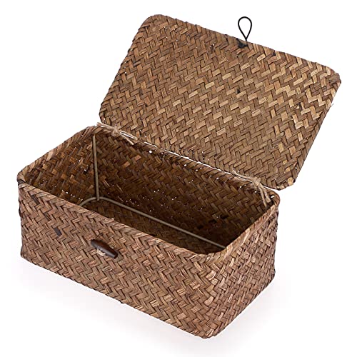 Hipiwe Wicker Shelf Baskets Bin with Lid, Handwoven Seagrass Basket Storage Bins Rectangular Household Basket Boxes for Shelf Wardrobe Home Organizer, Coffee X-Small - color: Coffee, size: X-Small