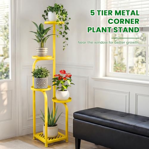 TOSKING 5 Tier Tall Plant Stand Indoor Outdoor,Anti-Tip Plant Stand indoor, Wide Base for Pots, Child and Pet Friendly,Heavy Duty Corner Shelf for Plants & Decor, Space Saving ,Tiered Metal Flower Pot Stand for Balcony, Garden, Living Room, Patio (Yellow,