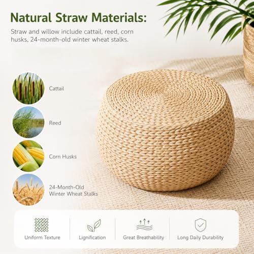 Small Straw Round Pouf Ottoman, Natural Mini Solid Wood Footrest, Boho Low Tatami Footstool for Living Room Bedroom Patio, 12.2"×12.2"×8.7", Ideal for Foot Rest or Temporary Seating