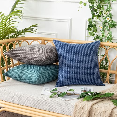 UGASA Outdoor Waterproof Pillow Covers Pack of 2 Weaving Texture Water Resistant Outside Decorative Pillow Cases for Patio Garden Porch Yard Bench Tent 18x18 Inch, Navy Blue - color: Navy Blue, size: 18" x 18" (Pack of 2)