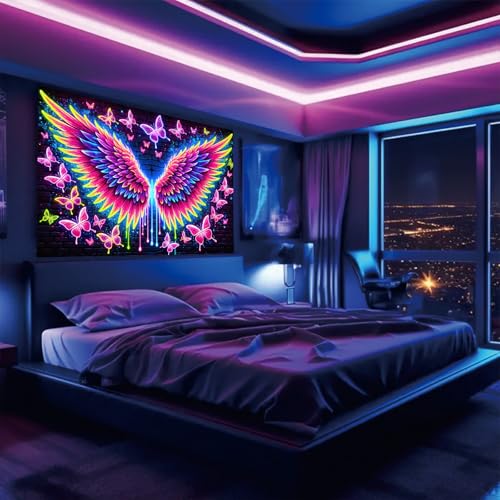 Starlit Patio Blacklight Angel Wings Tapestry UV Reactive Glow in The Dark Butterflies Wall Hanging Trippy Fluorescent Neon Art Poster for Bedroom Living Room Dorm Aesthetic Decor 78 x 59 Inches - color: Angel Wings