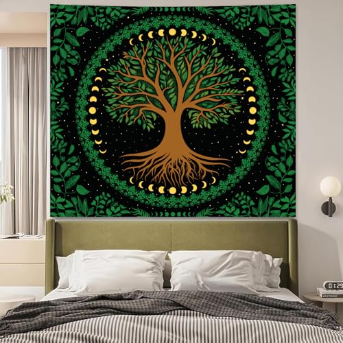 Apdidl Boho Mandala Green Tapestry for Bedroom, Nature Hippie Tree of Life Moon Phase Ceiling Tapestries Aesthetic, Bohemian Sun Stars Plant Decoration Wall Hanging Art Backdrop for Living Room (51"X60") - color: Green Tree Tapestry, size: 60"L x 51"W