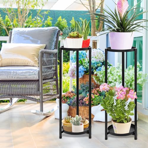2 Tier Plant Stand Indoor, Black Corner Tiered Tall Plant Stand for Outdoor Multiple Plants, Metal Flower Pot Stands Holders Plant Display Shelf for Balcony Living Room Garden Patio(2Pcs) - color: 2 Tier-2Pcs-Black