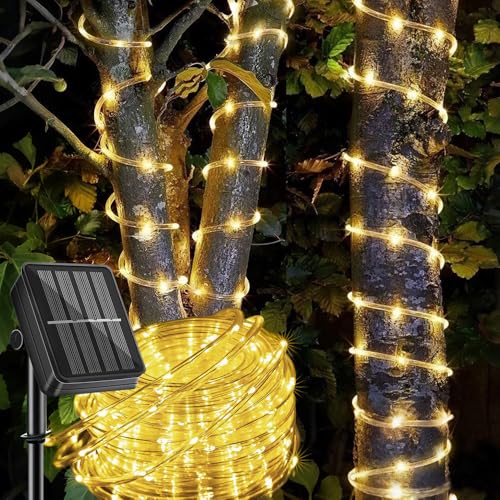 LairtPOW Solar Rope Lights Outdoor Waterproof, 39FT 100 LED Solar Powered Rope Light with 8 Modes, Flexible IP65 Outdoor String Lights for Garden Patio Yard Tree Pool Wedding Decor, Warm White - color: Warm White, size: 100 LED