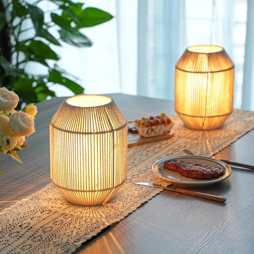JHY DESIGN Set of 2 Woven Lampshade Table Lamps 8.5" H Cotton Rope Bedside ‌Light‌s Cordless Decorative Battery Operated Lamps with 6 Hours Timer for Bedroom Living Room Weddings Parties Patio - color: 6.5"D Off-white