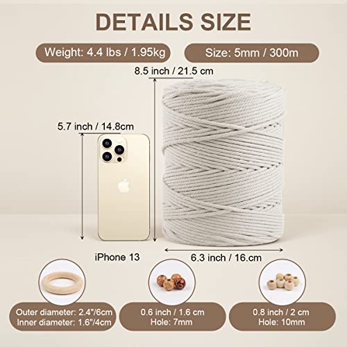 Macrame Cotton Cord 5mm x 328yds, ZUEXT Natural Handmade Beige White Braided Cords 4 Strands Knitted Rope String for Craft Wall Hanging Weaving Tapestry Dream Catchers Hanger DIY Gift (300m) - color: Beige White, style: 5mm x 300m
