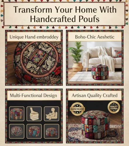 Bohemian Indian Patchwork Ottoman Pouf Cover – 18"x13" inch Round Cotton Embroidered Footstool Pillow – Vintage Ethnic Decor, Black (Cover Only) - color: Black, size: 18"D x 18"W x 13"H
