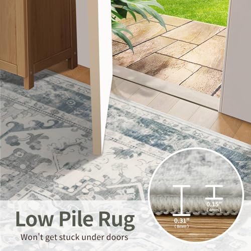 Rugxara 3x5 Washable Entryway Rug, Non Slip Boho Runner Rugs for Hallway, Entrance, Kitchen, Bathroom, Laundry Room, Soft Entryway Carpet, Throw Low Pile Retro Imitation Wool Carpet, Light Blue Grey - color: Blue & Grey, size: 3' x 5' (Rectangular)