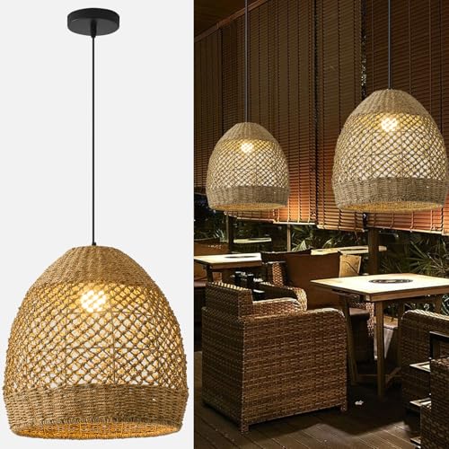 Rattan Pendant Light 13.77" Rustic Hand-Woven Wicker Hanging Light 1-Light Water Plants Rattan Chandelier for Dining Living Bedroom Kitchen Farmhouse - color: Natural Oval Rattan, size: 13.77" 1-Light