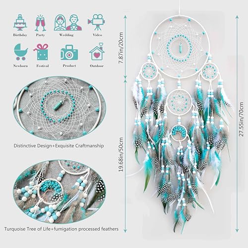 Large Dream Catchers,Boho Handmade Woven Turquoise Dream Catcher Wall Hanging Ornament for Bedroom Living Room Apartment Wedding Party Decor, Festival Blessing Gift (White+Turquoise) - color: White+turquoise
