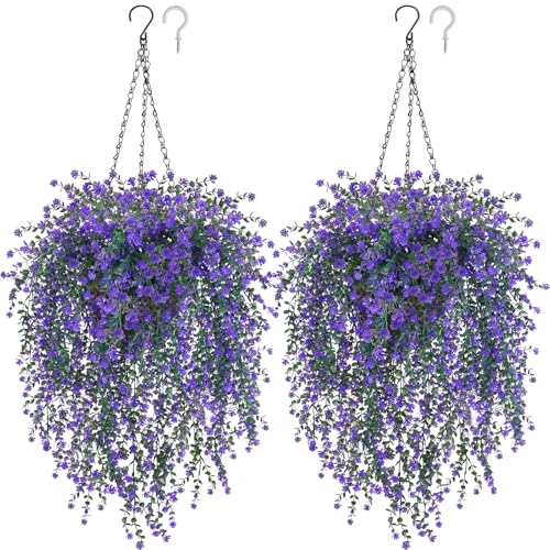 2 Set Artificial Flower Hanging Baskets for Outdoors, 20Pcs Fake Hanging Plants, Outdoor Faux Flowers UV Resistant for Spring Summer Porch Patio Garden Home Decoration (Purple) - color: Purple