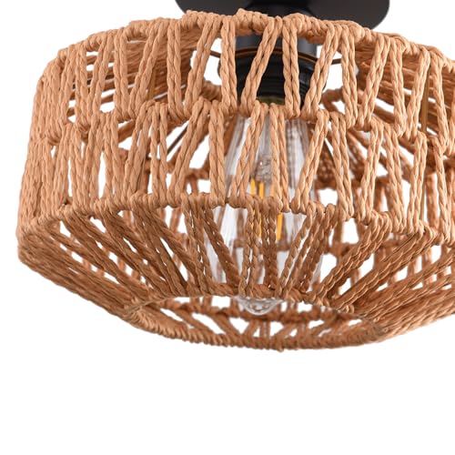 Ceiling Light Fixture,Hand-Woven Rattan Flush Mount Ceiling Light,Farmhouse Light Fixtures Ceiling Mount Boho for Hallway Bedroom Kitchen Entryway Living Room - color: 9.8 IN Ceiling Light