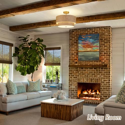 16 Inch Woven Rattan Linen Semi Flush Mount Ceiling Light Fixture, Modern Boho Drum Lamp for Bedroom, Kitchen, Dining Room, Living Room, Hallway, Entryway, Farmhouse Gold Wicker Chandelier - color: Brown