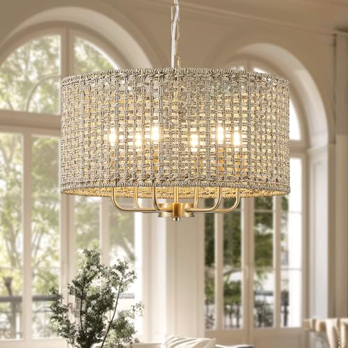 20" Rattan Hand-Woven Boho Chandelier for Dining Room, 6-Light Rattan Drum Wicker Farmhouse Large Vintage Chandelier Pendant Light Fixture for Kitchen Island Entryway(Gold) - color: Gold 6-Light 20" Drum