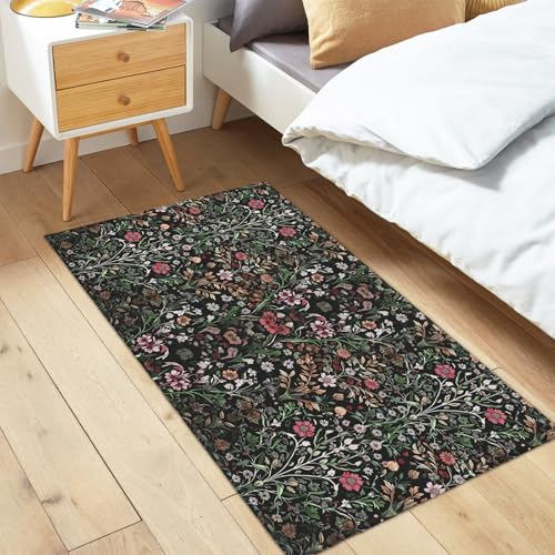 Floral Rugs 2x3 Spring Summer Boho Black Flowers Decorative Indoor Outdoor Doormat Small Non-Slip Low Pile Front Door Mat Area Rugs for Living Room Bedroom Decor - color: Black Floral