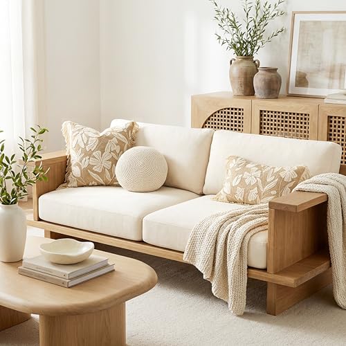 BlissBlush Throw Pillow Cover 20x20 Inch Indoor Outdoor, Jute-Look Floral Tufted Decorative Accent Pillow Case for Patio Sofa Couch Living Room, Cover Only - color: Jute Inspired, size: 20" x 20" (Pack of 1)