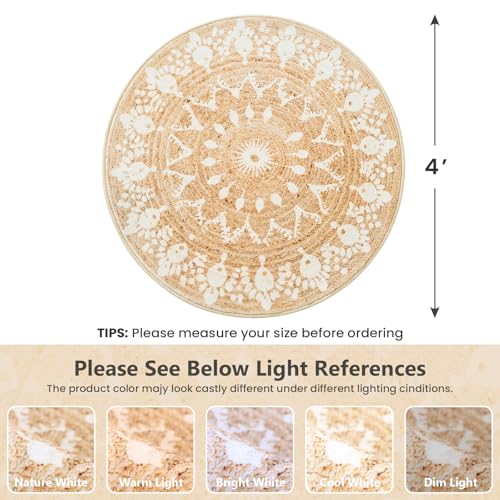 Asrug Imitation Jute Low Pile Round Rug Area Rug Washable Non-Slip Circle Rug Soft Plush Touch Circle Rugs Round for Kitchen Bathroom Living Bedroom Nursery, Carpet 4ft /48 inch/122 cm Brown - color: Beigefloral, size: 4ft