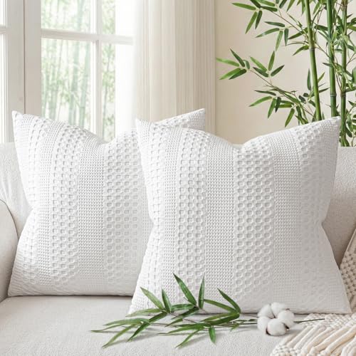 a moment 2 Pack Bamboo Fiber Pillow Covers - Waffle Weave, Ultra Soft & Breathable, Euro Shams Cotton Throw Pillow for Couch, Sofa, Bedroom Living Room 24x24 Inch White - color: White, size: 24" x 24" (Pack of 2)
